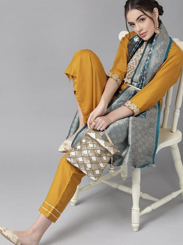 Varanga Mustard Kurta With Mutli Color Woven Yoke And Banarasi Dupatta